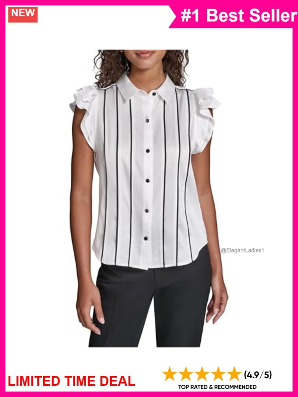 Striped Ruffle Sleeve Collared Button Blouse Relaxed Fit Work Top